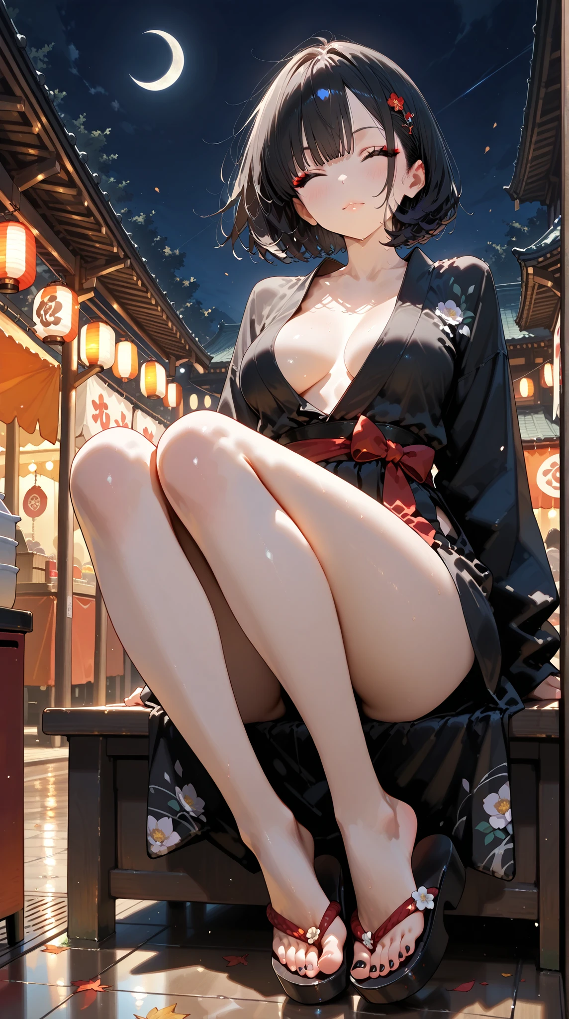 absurdres, RAW photo, extremely delicate and beautiful, masterpiece, Best Quality, ultra high resolution, 32k, hyperrealistic, ultra-detailed, in her 20s, delicate facial features, tearful mole, earring, medium breasts, full body shot, shorter middle hair, black hair, kimono, ninja, samurai,