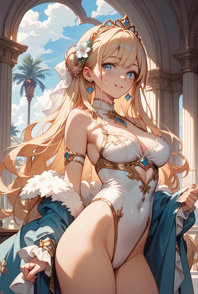 score_9, score_8_up, score_7_up, score_6_up, 1girl, long blonde hair, straight hair, gold tiara, pearl necklace, golden bracelets, earrings, playful expression, cute squint, smile, bold eyeshadow:1.2, blonde hair, long hair, standing, royal dress, gold and white dress, SFW, royal room, , tekuult, fully fashioned stockings, garter belt, corset, cowboy shot