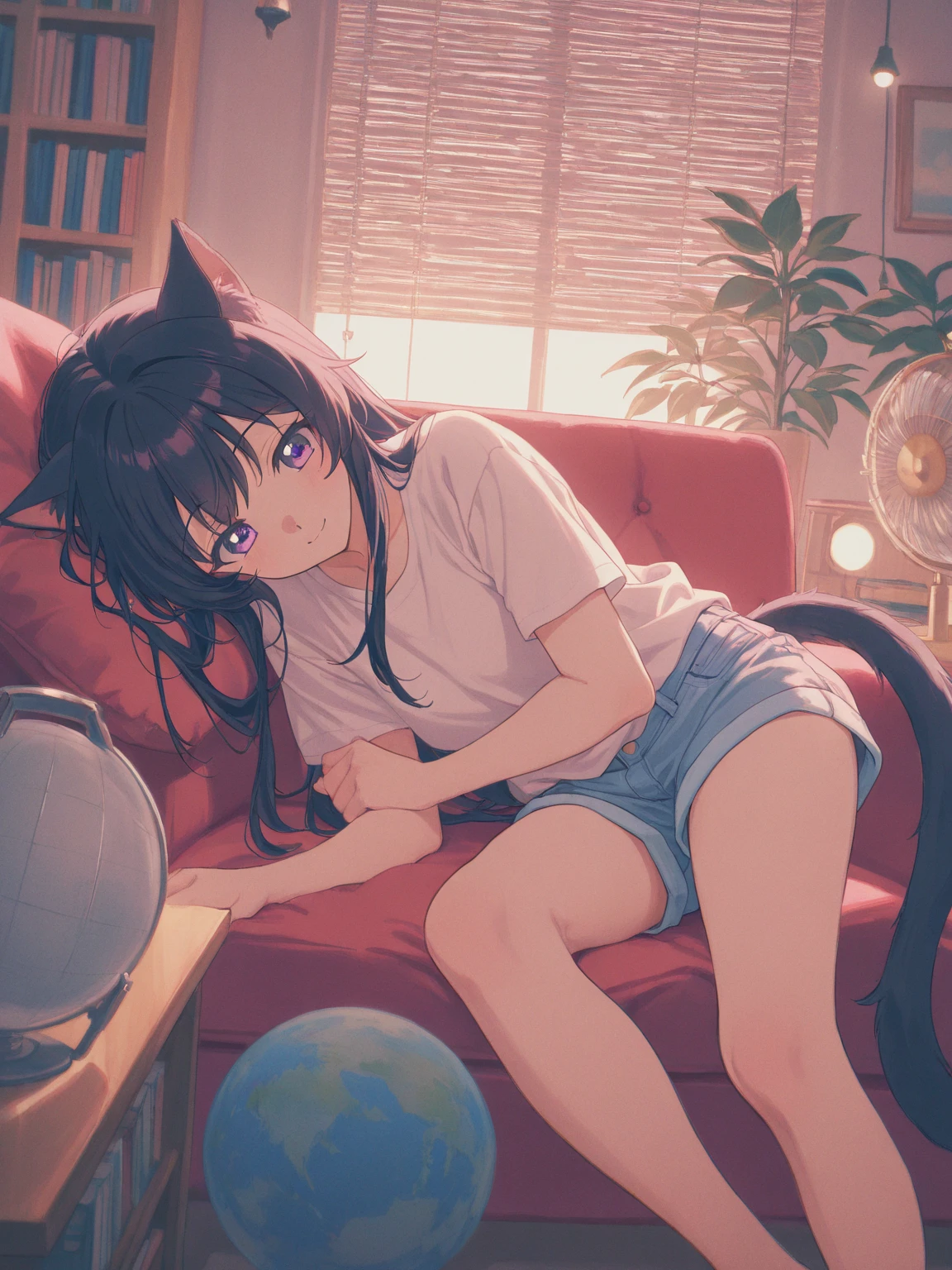 girl plays on gamepad sitting on armchair in front of tv, summer outside open window, dog lies next to girl's feet, long hair, intricate detail, cinematic lighting, amazing quality, amazing shading, detailed Illustration, official artwork, wallpaper, official art, extremely detailed eyes and face, beautiful detailed eyes