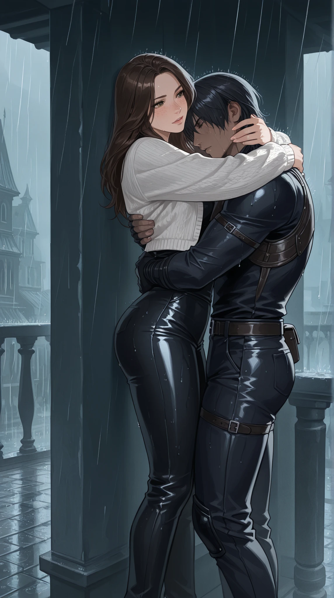 (best quality, 4k, 8k, high resolution, masterpiece:1.2), over-detailed, (realistic, photorealistic, photorealistic-realistic:1.37), intimate, frank, exciting, unbridled emotions, deep connection, smooth movements, moans, sweaty bodies, ecstatic pleasure, pleasure-filled expressions, skin-to-skin contact, seductive eye contact, prominent muscles, lustful desires, electrifying chemistry, undressing, passionate hugs, teasing whispers, gentle touches, captivating gaze, orgasmic bliss, delightful beauty, intertwined limbs, seductive atmosphere, lustful energy, bright colors, soft lighting, artistically composed, desirable curves, irresistible charm, undeniable attractiveness, pleasure-inducing poses, a young guy has sex with a girl, missionary standing position, NSFW, A girl in a short skirt sits on a table (skirt is up), The girl throws her leg over the guy's waist, gently moans with voluptuousness, gentle hugs, excitement, the guy holds her hip, In a fit of passion, almost all clothes are removed, the dick is already in the pussy, oozing from the pussy, energetic frictions, they merge in love ecstasy, The girl throws her head back in bliss back, beautiful curve of the neck, long hair hanging down, No one had fucked her like that before.