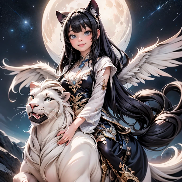 Sexy hindu female gods white outfit long black hair holding trishul nearly lion beautiful face full HD
