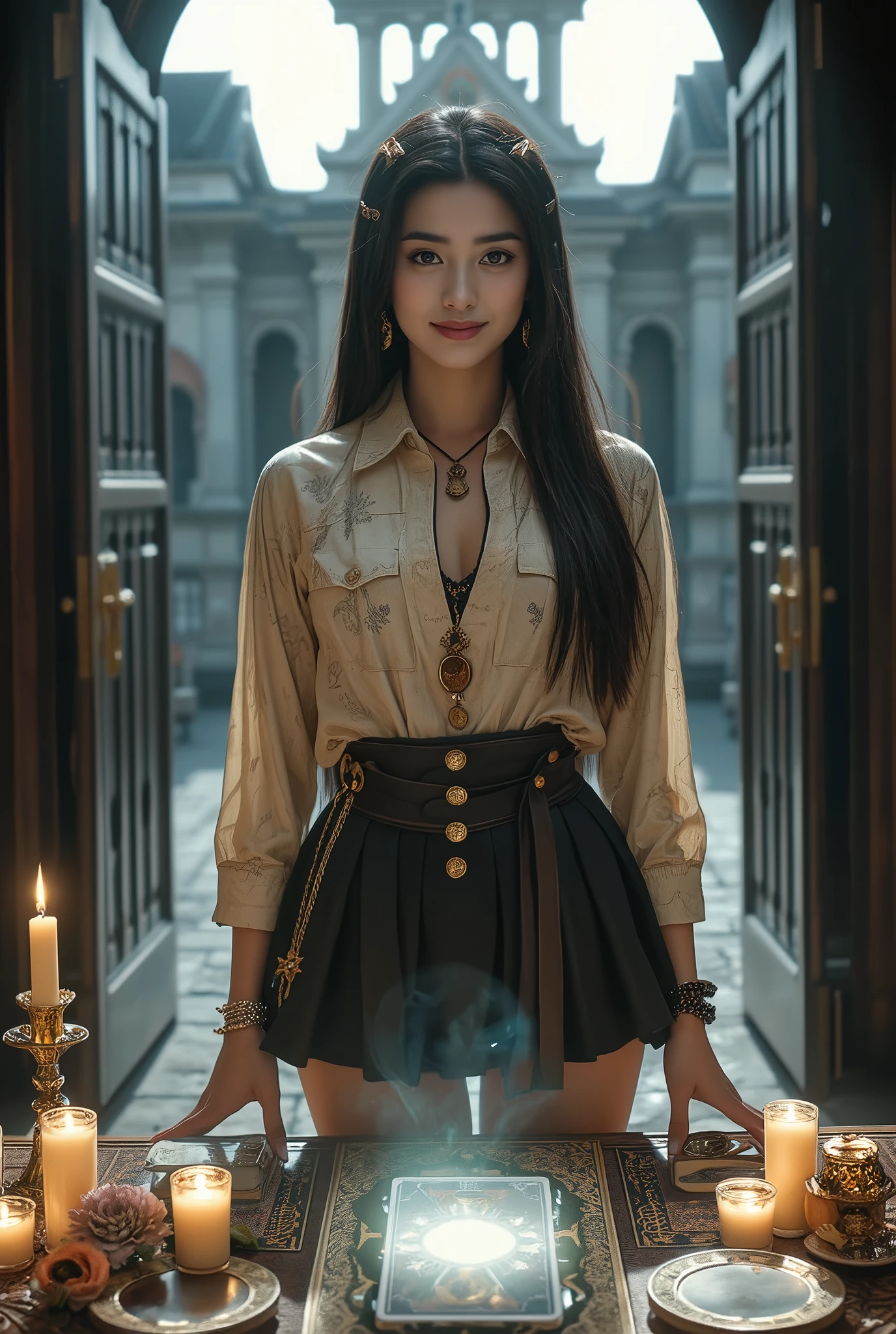最High Quality, masterpiece, nothing, Female 1, 5, Japanese, Western-style fortune teller costume , Hair Ornament, necklace, jewelry, beautiful face above the castle gate, gentle smile, and _body, tyndall phenomenon, photorealistic, Divination Room, candles on the table, tarot card with mana, rim lighting, Tight buttoned shirt 、miniskirt、two-tone lighting wearing high heels, (high resolutionの肌:1.2), 8K Ultra HD, dslr, Soft Lighting, High Quality, volume lighting, , pictures, high resolution, 4K, 8k, Bokeh