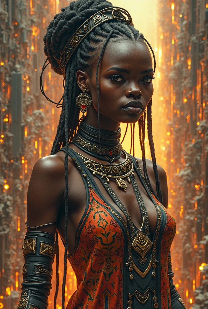 ((Best quality)), ((masterpiece)), (detailed: 1.4), (Absurd), Zulu warrior, leopard, African bracelets and necklaces, black skin, cybernetic hands, Clothing with leopard skin camouflage, explosion of colors, cosmic tattoo, nebulous, sculptural body defined muscular, whole body, half thick naked thighs, closed mouth, body covered by technological clothing, Neon Genesis Evangelion style, cyberpunk, generous neckline, ((perfect medium breasts)),  (super light brown eyes), ((clothing with leopard skin camouflage)), (((black and orange hair with Rastafari locks)), long and black eyelashes heavy makeup, various African jewelry, bare legs, by mucha, niji --V5, close to real, psychopath, crazy face, sexy pose, fractal background, 2 piece clothing, pastel, centered, scale to fit the dimensions, HDR (High Dynamic Range), Ray Tracing,NVIDIA RTX,Super-Resolution,Unreal 5,Subsurface Dispersion, PBR Texture, Post-processing, Anisotropic Filtering, Depth of Field, Maximum Clarity and Sharpness, Multilayer Textures, Albedo and Specular Maps, Surface Shading, Accurate Simulation of Light-Material Interaction, Perfect Proportions, Octane Render, Two-Tone Lighting, Wide Aperture, Low ISO, White Balance, Rule of Thirds, 8K RAW, Crysisnanosuit