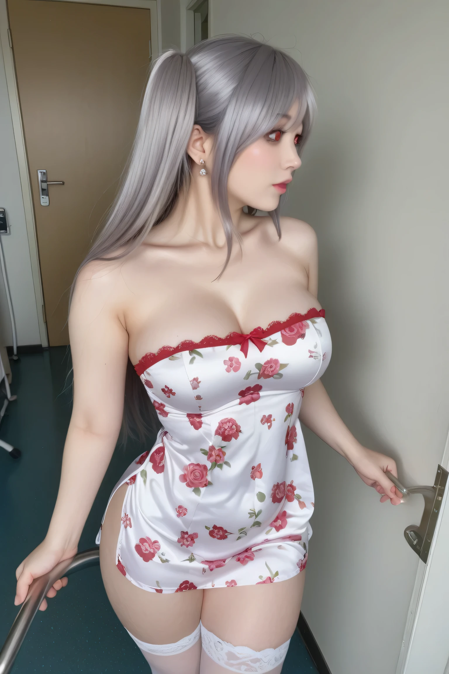 shy blush、anime big breast、((NAKED Apron))、stick out your back、Sticking out the butt、Pink and white border tights、view front、Gestures to hide the chest、Side、masutepiece、portlate、Raw photo、top-quality、masterpiece、超A high resolution、(Photorealsitic:1.4)、octan render、8K picture quality、ultrasharp、Details of complex ornaments、Extreme Detail