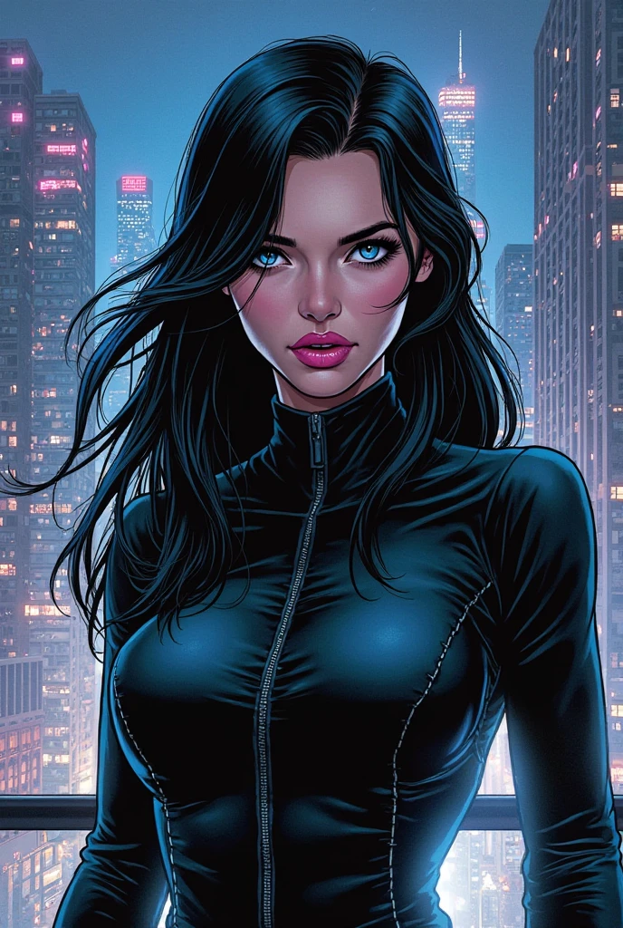 A cartoon style comics character with long black hair, grey eyes and fair skin and wearing a black suit like Natasha Romanoff.