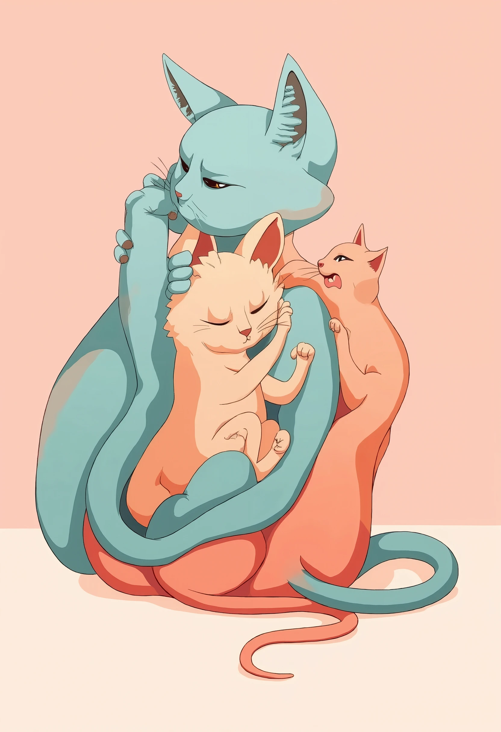 Imagine Cats in art , Narrow eye care 、leisure、 The main color is black , Cyan secondary color , soft pink background, Artistic, complex, Warm style , The shapes include abstract cats, Playful form , Elegant work , The textures include coated textures., Smooth painting, texture of the fabric, The lines contain beautiful lines ., Natural curves, Refined silhouette , Elegant form, visit, Expressing the , aesthetic.