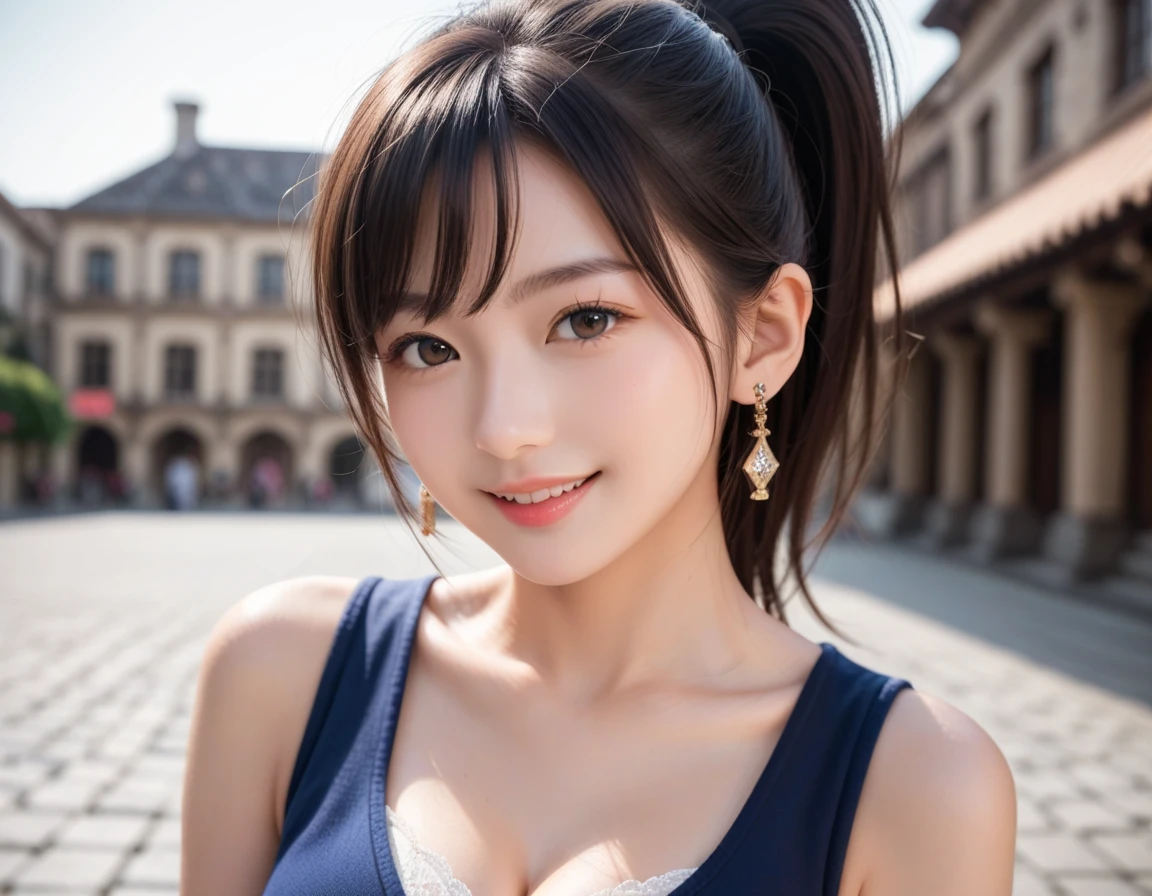 solo girl,stand in the park,casual summer knit dresses,(flower hair ornament,Braided top knot,Twisted side part ponytail braided headband,half up、Braided Space Van,voluminous fishtail braid,Twisted pan),(The bangs are see-through bangs),(((emphasize the chest:1.3))),(dynamic angle),(dynamic and sexy pose),(lean forward:1.3),(((a majestic statue))),Disturbance of clothing due to movement,Breast flick,hairpin,necklace,earrings,Beautiful woman,.perfect face,With a round face,(A smile that makes people happy:1.7),big and full breasts,,intricate details,very delicate and beautiful hair,realistic,dream-like,realistic shadow,focus only,beautiful hands,beautiful fingers,Detailed functions of fingers,Detailed features of the garment,Detailed characteristics of hair,detailed facial features,、(professional lighting),(Photoreal:1.3),(RAW photo.),(highest quality,Ultra high resolution output image,) ,(8K quality,),(Image mode Ultra HD,)