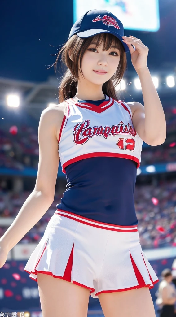 ((from below)),((full body shot)),((cheering)),((cheerleader, sleeveless white shirt, midriff)), ((pleated red miniskirt)),((Stadium,Cheers)),((Highest quality)),((smile)),((short hair)),Realistic, Very detailed, In detail, ((High resolution)), 8K,Beautiful Skin,Beautiful, well-shaped eyes,(Korean women),((sexy)),Detailed face,(Glamour),Brunette colored hair,20th Generation,Bust size: 87cm、Earrings、Bright sunshine