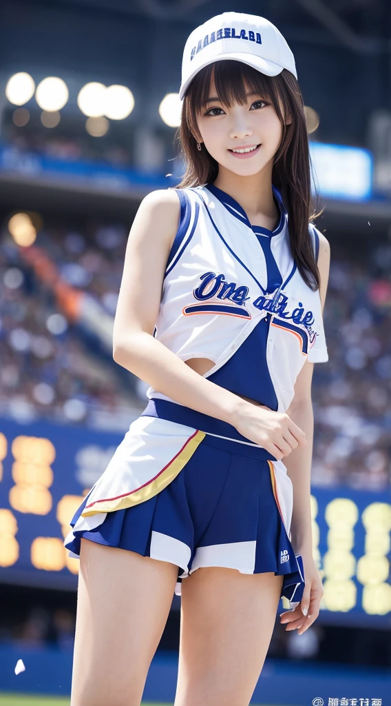 A tall, long-legged, huge-breasted cheerleader cosplay beauty standing in the stadium, seen from below