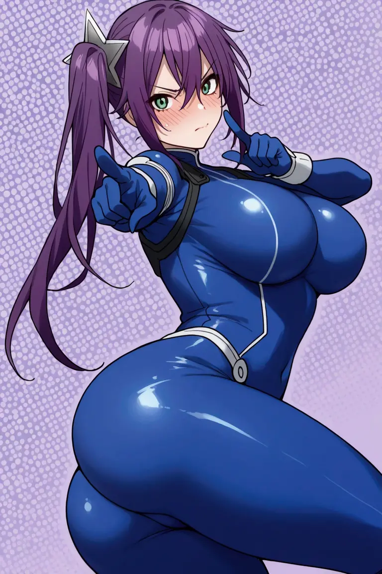 Nozomi tojo, green eyes, purple hair, cowboy shot,(curvy body), huge breasts , wide hips,thicc thighs,(short purple bodycon dress), cleavage, strapless , sleeveless, bare shoulders ,gloves, police cap, blushing,standing, hands on hips looking at viewer, in prison, castlevania style