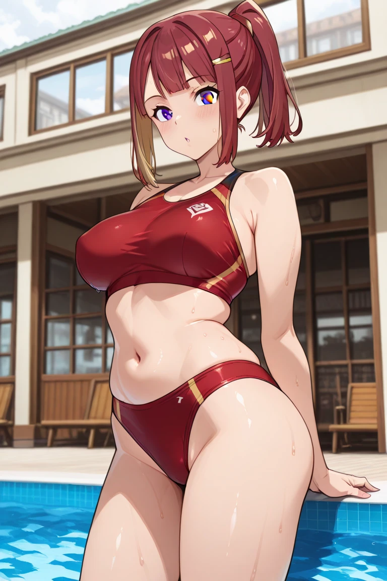 Beautiful girl, hot girl, detailed face, detailed eyes, red eyes, detailed hair, detailed body, hanging boobs, change background, 8k, realistic, ultra realistic, ((she is naked)) visible panties, visible swimsuit, ((she us wet)), wearing cap and sunglasses