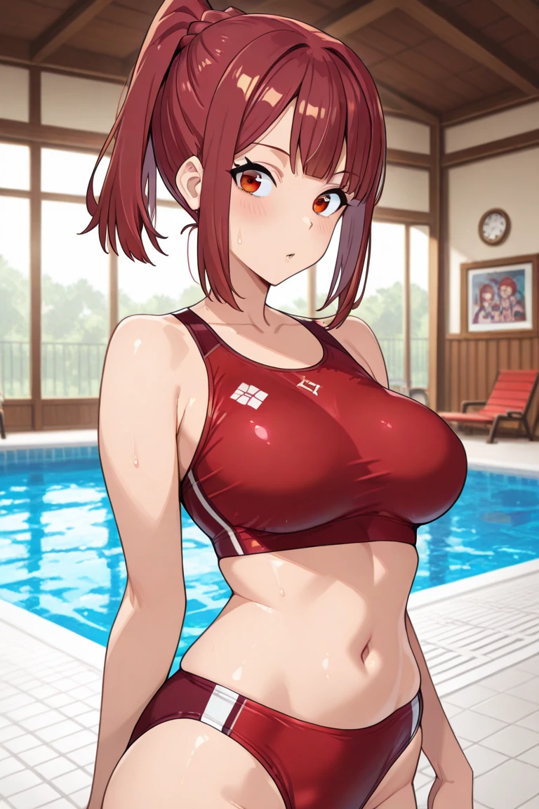 shizuka mikazuki, short hair, red hairpin, dark purple hair, purple eyes, pink sport bra, pink sport short, dark purple thighthigh, blue pink shoes, colorful jacket, outdoor high quality, best quality, ultra detailed, masterpiece, 1girl, young woman, big breast, sweat, tight fitting, voluptuous figure, sultry expression, teasing pose, suggestive clothing, toned body, tempting aura, radiant beauty, breath-taking scenery, mature female, erotic tension, hidden desires
