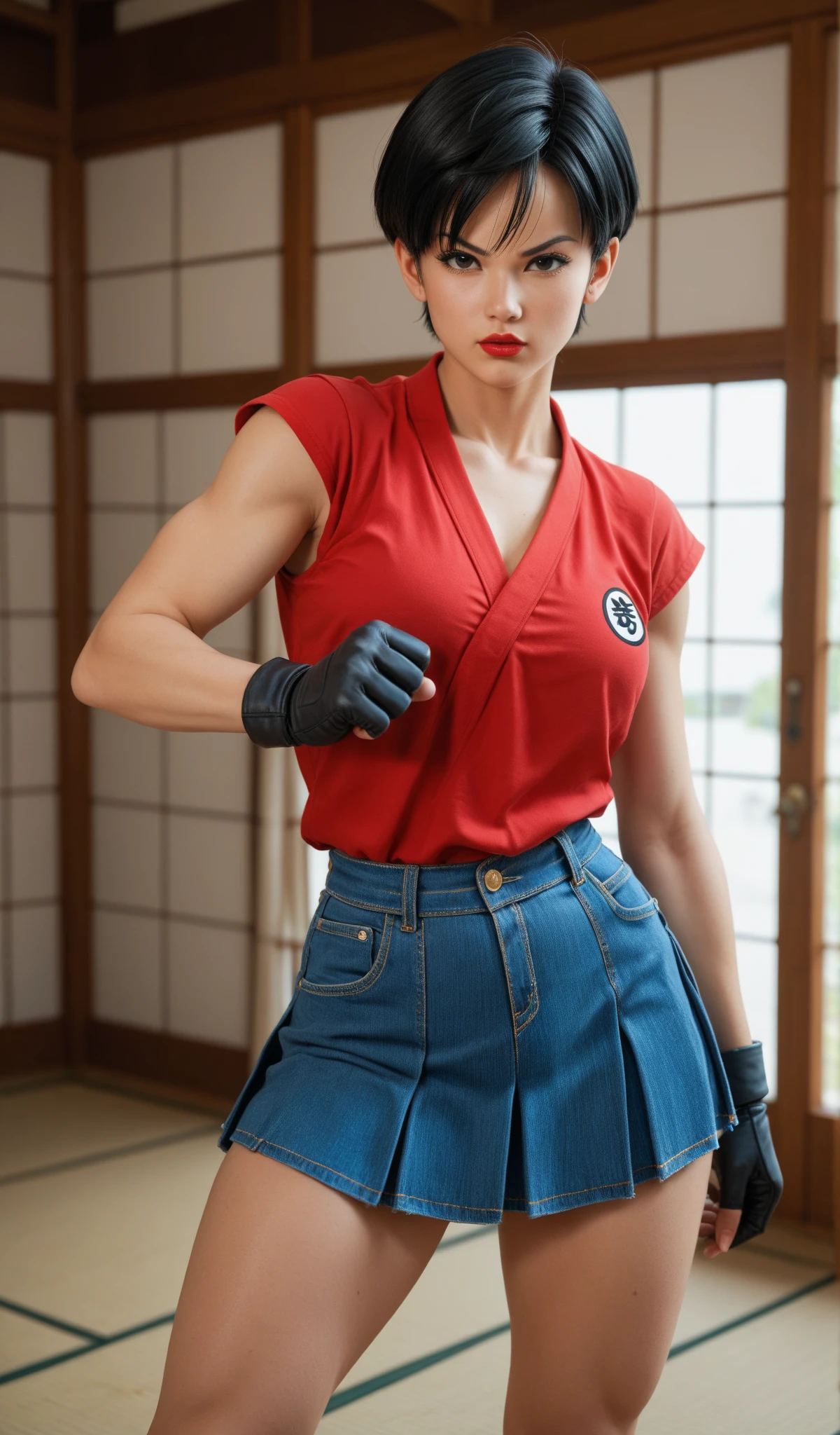 (Muscular:3), (thick thighs:3),
(sakura kasugano, brown hair, short hair:2), (brown eyes:1.7),
(eyeshadow, lipstick),
detailed eyes, (big smile:1.7), detailed skin,
(small breasts:1.5),
(blue skirt, crop top, headband, midriff, miniskirt, navel, sailor collar, school outfit, short sleeves, skirt, stomach, shirt, white shirt, white headband, gloves, red gloves:2),
(upper body view:1.4), (looking at viewer), (three quarter view),
(japanese street:1.3), rim lighting, two tone lighting, dimly lit