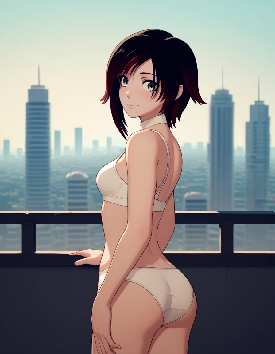 score_9, score_8_superior, score_7_superior, score_6_superior, translation:, One girl, , Mature Woman,  Black Hair, short hair, Eye patch, Black bra, Black panties, Captivating smile, balcony, handrail, I had already finished, Recall, From behind, teasing