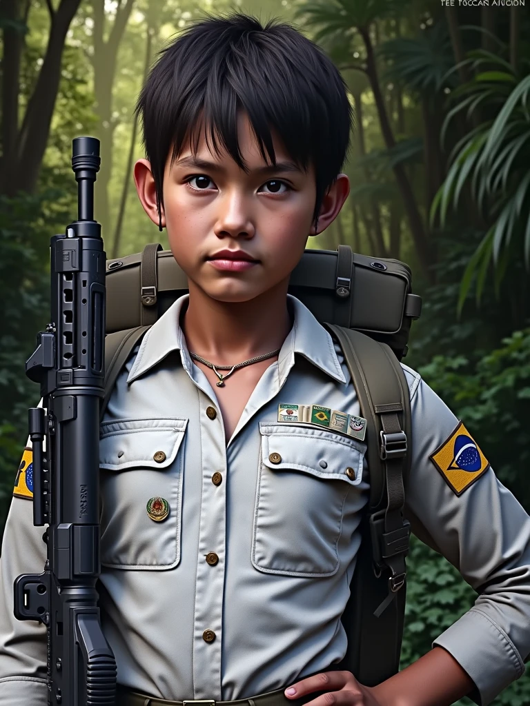 An 8 year old boy, short hair, from Indonesia, Rambo uniform complete with accessories and weapons, military backpack, riding a black Tyrannosaurus with dirty feet near a river, rocks are visible in the super clear water, at a beautiful waterfall near the forest, realistic photo, HD, sharp resolution, 8K