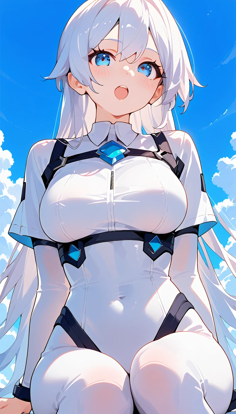 beautiful, masterpiece, Highest quality, anime, One girl, C Cup,Portrait Shot, View your viewers, Covered、Short Hair、nearby、Blue Eyes、art、、White hair,Blue streaked hair、wallpaper、hairpin、Cute smile、Thighs、、Sci-fi hair accessories、Sci-fi knee-high boots、Cute、Sci-fi underskirt、Sci-fi combat uniform、blue sky、Beautiful breasts、Sci-fi body harness、