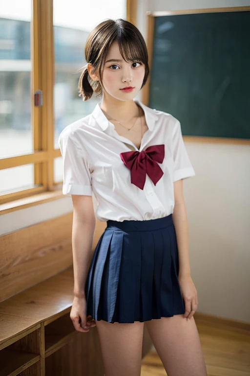 one person、one person、An 18-year-old high school girl poses for a photo in a short-sleeved white sailor uniform、victory、Bobcut、Tsundere、masterpiece、High-level image quality、Sharp focus）、Navy blue shirt、Red tie、Navy and red checked mini skirt、cute、Japanese women、17 years old、sexy、Laughter、(Perfect Anatomy、Delicate and beautiful hands and feet)、Yellow wall,Small breasts、Nogizaka Idol、Slender figure、sexy、I can see your thighs