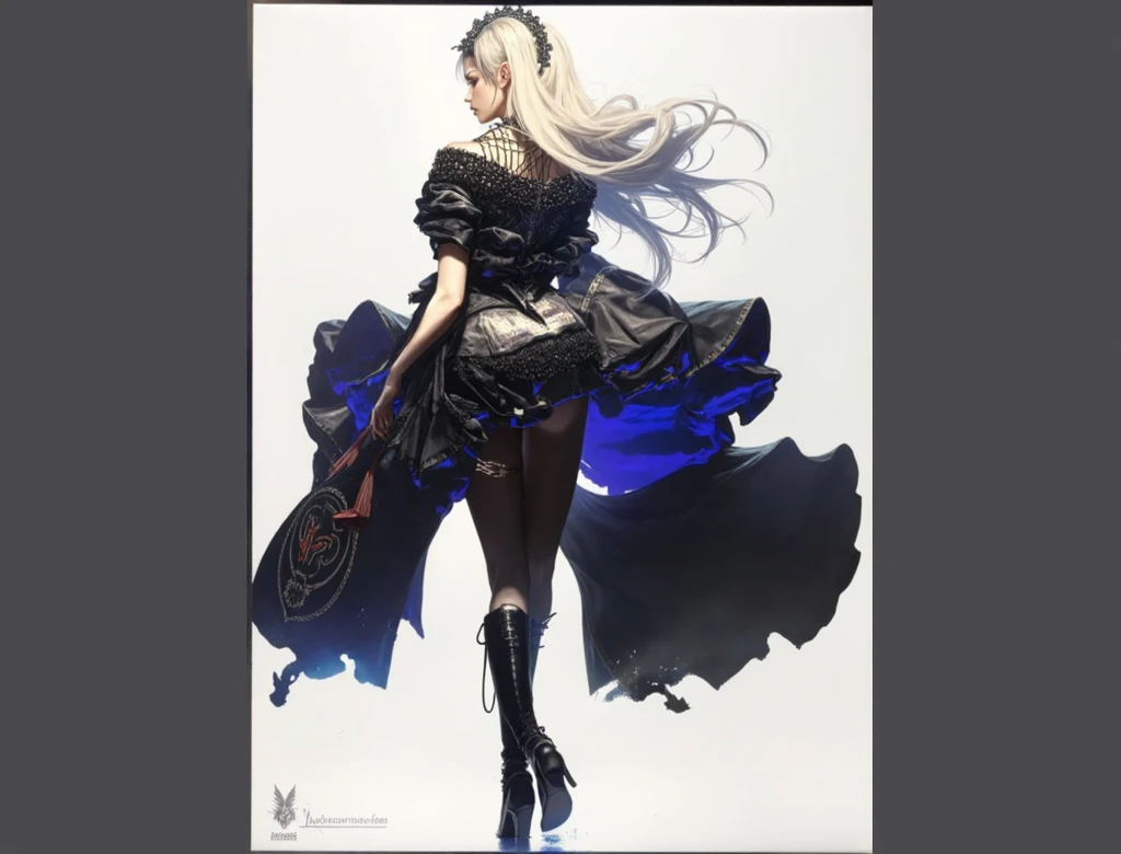 (tmasterpiece:2),(Best Picture Quality:2),(Ultra-high sharpness:1.5),(Uma personagem feminina:2),(darkly:1.5),(Dark shades:1.5),(cold shades:1.2),(white color hair:1.4),(Short white dress:1.3),(blue color eyes:1.2)