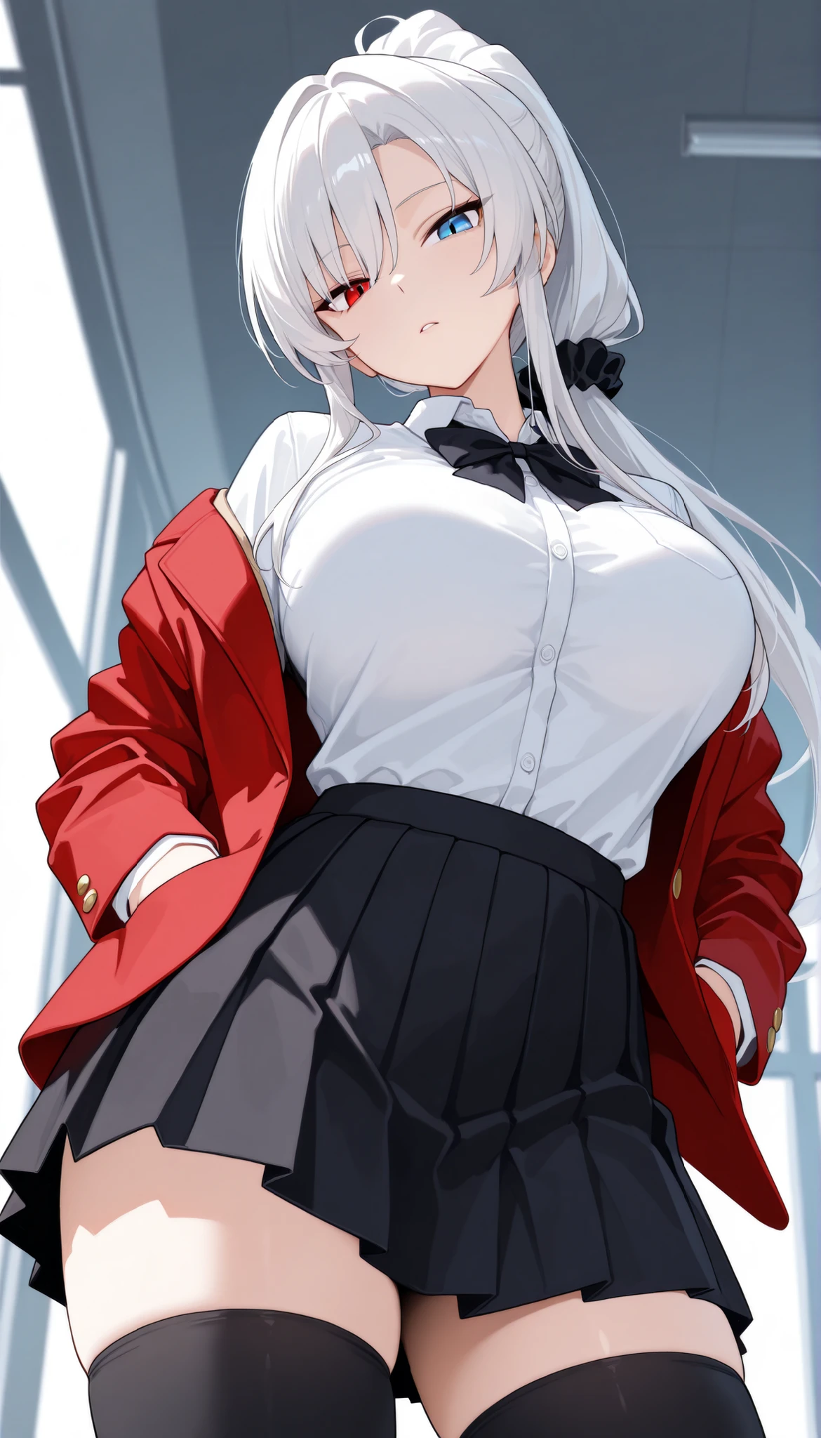 best quality, masterpiece, absurdres, 1girl, solo, heterochromia, red_eye, blue_eye, white_hair, long_sleeves, large_breasts, mature_female, long_hair, red_jacket, open_jacket, white_shirt, school_uniform, hair_over_one_eye, tsurime, dynamic from below angle, ponytail, looking_at_viewer, black_skirt, black_bowtie, scrunchie, open_blazer, open_clothes, off_shoulder, hands_in_pockets, contrapposto, zettai_ryouki, pleated_skirt, head_tilt, curvy, from_below, upskirt,