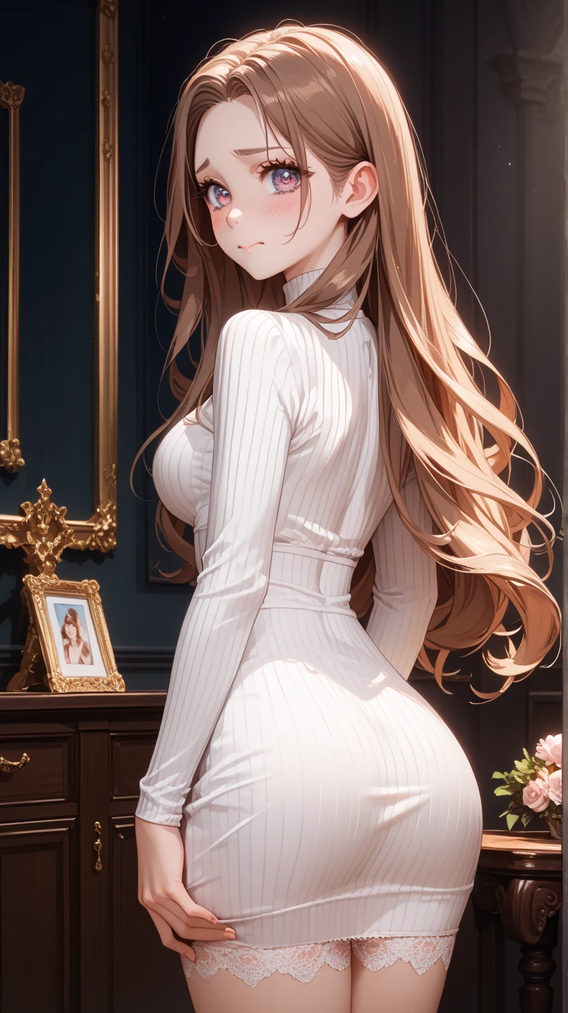 (very aesthetic, best quality, ultra detailed), intricate details,
1girl, beautiful girl,
senior, european, chestnut eyes, pale cheeks, square face shape with angular jaw,natural "no-makeup" makeup,
Airlock and Docking Port,
wearing  Ribbed Aran sweater dress with knee-high socks and loafers and satin bow stockings ,
brunette hair ,
cascading ponytail ,
Upper Body ,
From Behind ,
sitting,
cheerful and lively, hyperrealism,
dark theme,
soothing tones,
high contrast,
natural skin texture,
soft light,
sharp,
artistic photoshoot,