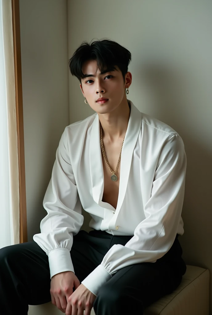 Aaraf wearing a white jacket and brown pants poses for a photo., South Korean Man, Handsome chin, taejune kim, Hyungtae, yanjun chengt, Xiao-Ron, Jonny Wan, cai xukun, Onokosuke, Open V Chest Clothes, korean artist, Wonbin Lee, asian man, Hyungtae-kim