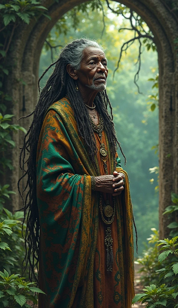 A group of participants sitting in a sacred circle, ready for the Ayahuasca ceremony,original,piercing, insightful eyes that reflect a lifetime of understanding the mind’s mysteries, and lengthy, silver hair that flows like a river down his back, complementing his earth-toned robes adorned with symbols of the natural world. His skin bears intricate tattoos, each a testament to a particular plant or psychedelic compound he has mastered. , male