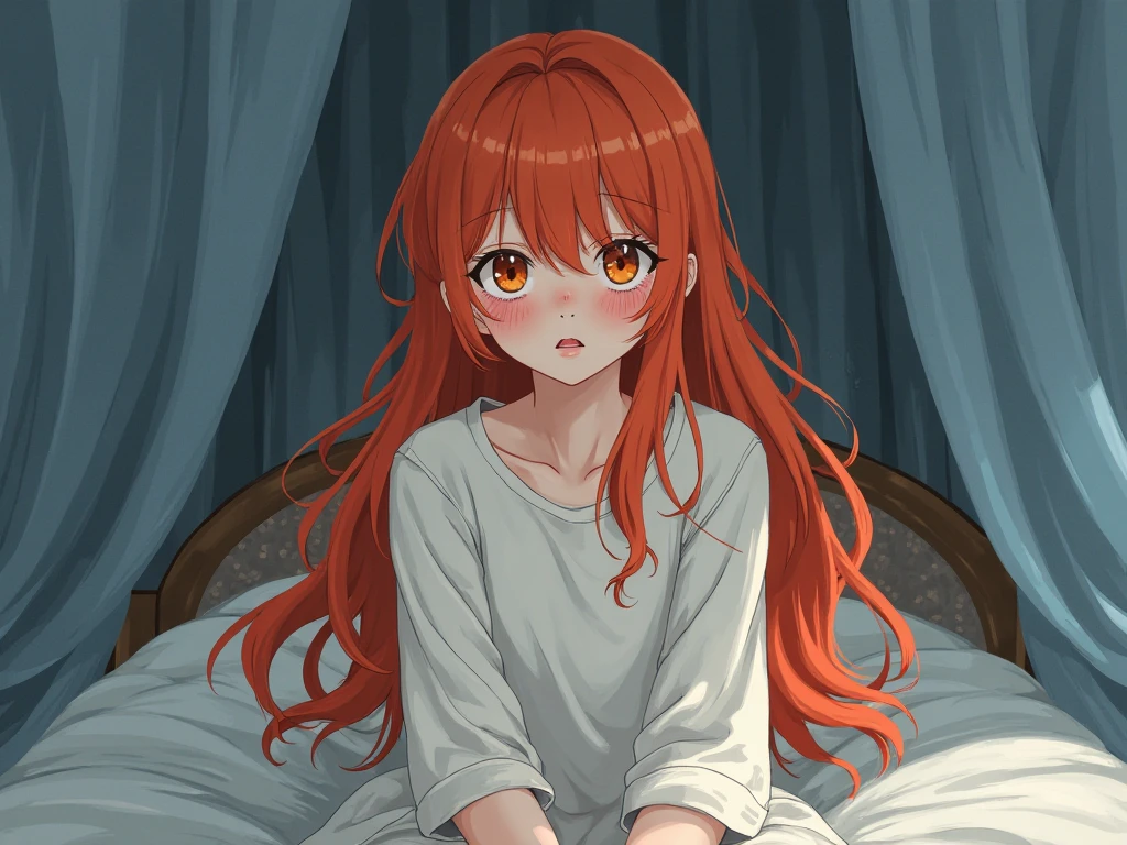 itsukinakano, Itsuki Nakano, bangs, blue eyes, Hair between the eyes, Ahoge, Redhead, star \(symbol\), hair ornaments, star hair ornaments,smile,Open your mouth,
Looks sleepy,Oversized T-shirt,Black string underwear,barefoot,With a big pillow in both arms,Put your face on the pillow,Sitting on the bed,morning,morning陽,The sun is rising　　　　　　　　　　　　　　　　　　 　　　break indoors, Bedroom, 　　　　　　　　　　　　　　　break looking at viewer, (Cowboy Shot:1. 5)　　　　　　　　　　　　　　　　　　　　　break (masterpiece:1.2), highest quality, High resolution, unity 8k wallpaper, (shape:0.8), (Beautiful details:1.6), Highly detailed face, Perfect lighting, Highly detailed CG, (Perfect hands, Perfect Anatomy),