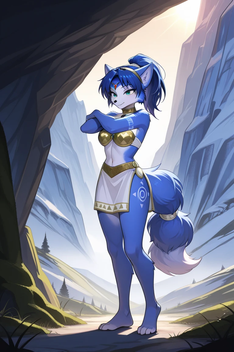 A beautiful and detailed (sweet picture) wa ((krystal)), Star Fox Krystal, sslim, lovable, green eyes, medium breasts, (((Long blue hair 1.3))), Decollete, grin, look up,, anthro, furry, Uploaded E621, detailed fluffy fur, (wa Fluff-Kevlar, Bayard Wu, personalize me, Pino Daeni), detailed face, (fluffy), 1 girl, alone, sweet girl, alone, stands on a mountain, view of a sea and a forest, magician clothing