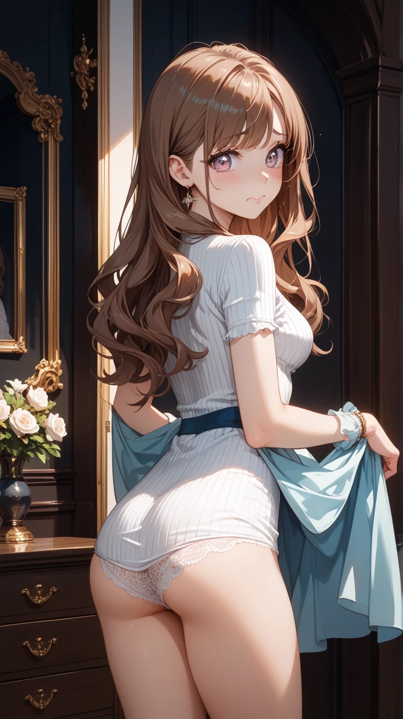 the woman is maid clothing and under ware, 1girl, solo, underwear, light blue panties, brown hair, side-tie panties, satin panties, brown eyes, ass, maid, long hair, looking back