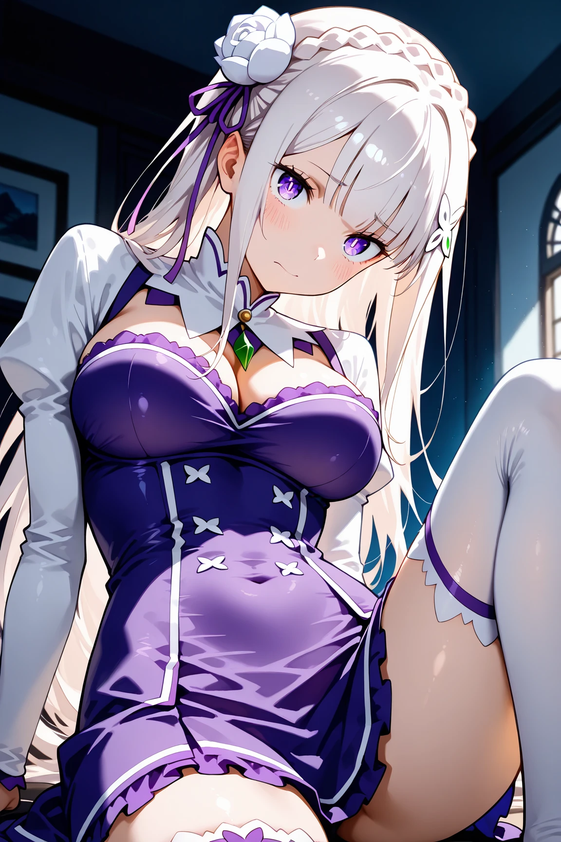 ((masterpiece)), ((best quality)), ((anime profile style)), ((HD 4k)), ((female anime character)), ((Rin Tohsaka character)), (( pale skin)), ((Beautiful body)), girl, female face, Happy, ((white mask on mouth)), ((Light lilac eyes)), Eyelid, Pupil, Sclera, Iris, eyebrow, eyelashes, ear of fox, Emilia re:zero, purple eyes, Emilia, crown braid, x hair ornament, flower hair ornament, white hair, long hair, medium breasts, ((hair details)), ((light effects on hair)), ((Babydoll Pajamas Women's Sleepwear With Straps With Shorts - Red)), ((lights effect on clothes)), ((body lights effect)), neck, Shoulders, (thin waist), ((perfect belly)), arms, ((thick legs)), ( (big thigh)), ((background scenery)), ((in bedroom)), ((bed, window, TV, wardrobe, chest of drawers, rug)), ((lighting)), viewer view