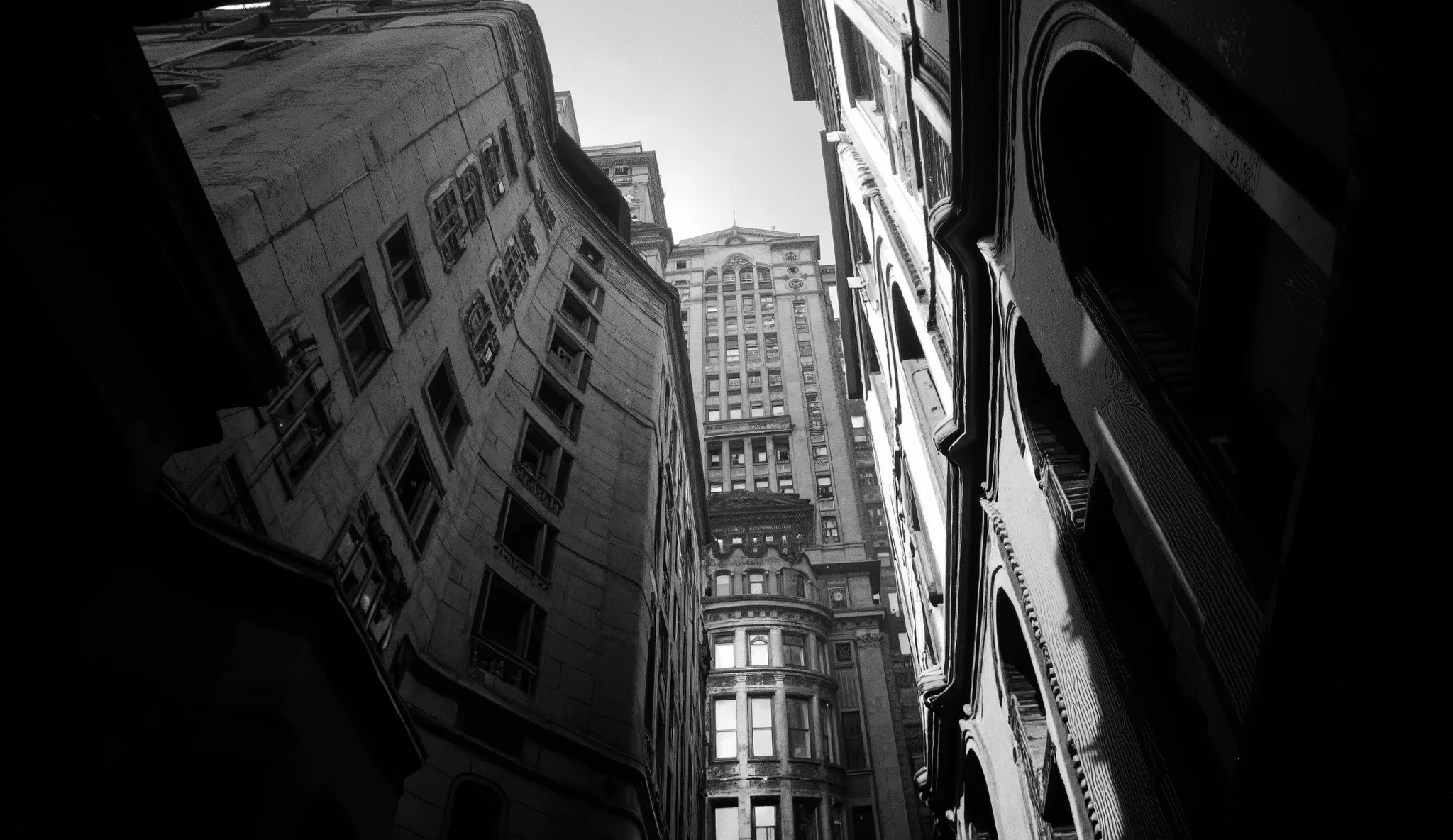 "A BLACK AND WHITE SCENE STYLE MOVIE NOIR 40's, Ultra-realistic WIDE-ANGLE LENS from a panoramic view of some buildings , anos 40, estilo noir, seen from the bottom up(( VISTO DE FORA, DYNAMIC FRAMING))
