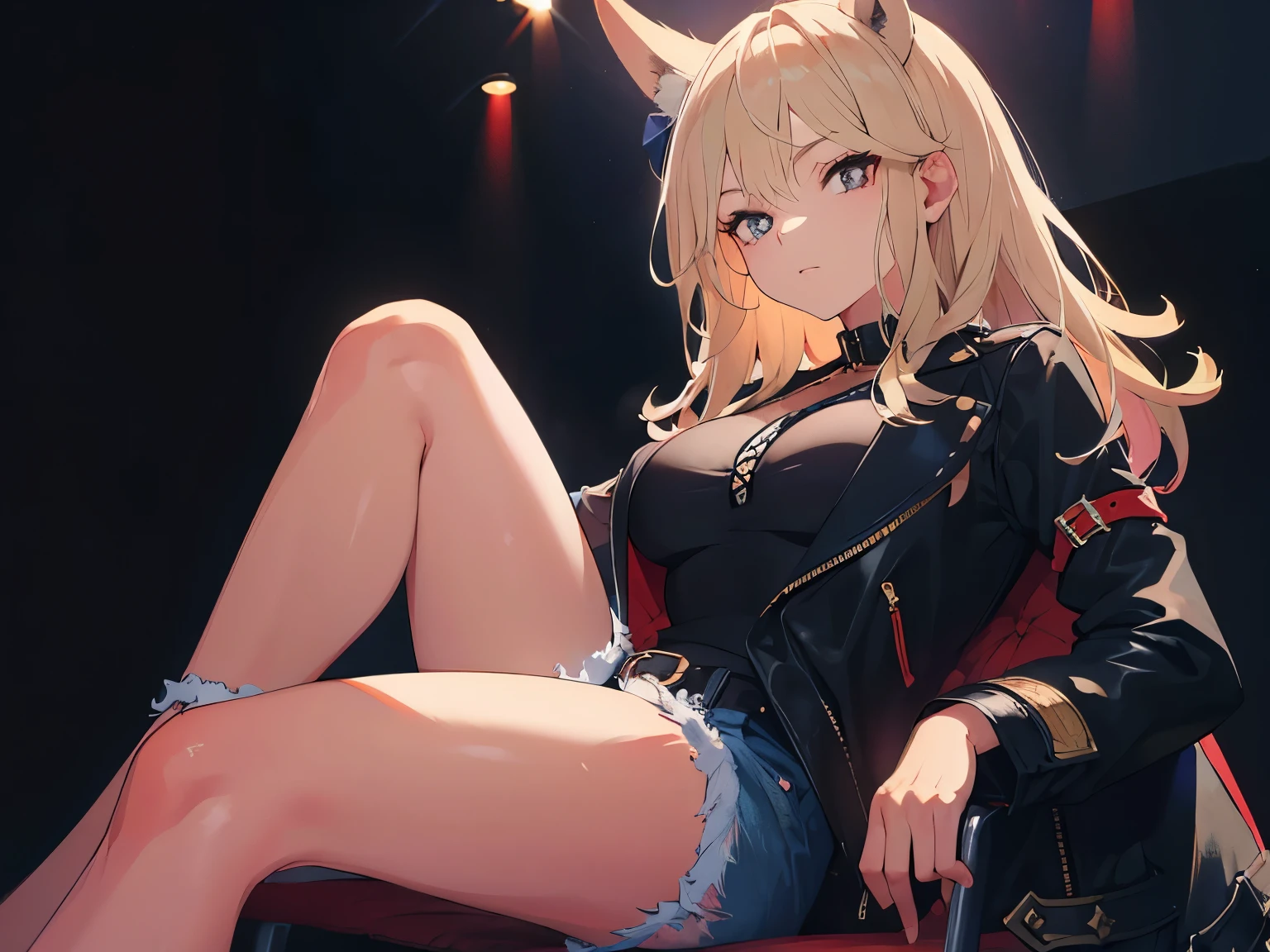 Light brown hair with neon pink tips and shades, Royal blue eyes, Small breasts, A black  shirt with a neon pink ribbon and a white necklace with a royal blue orb, Black jacket with white hood and pockets, The black skirt reaches down to the knees、The edge of the skirt is white、There is a white line going up。, The cat socks stretching over the knees are eye-catching., Fluorescent red on the inside of the ears and mouth、The rest is black, lastly、Neon yellow lines and black boots on both sides of the boot, anime,Front view