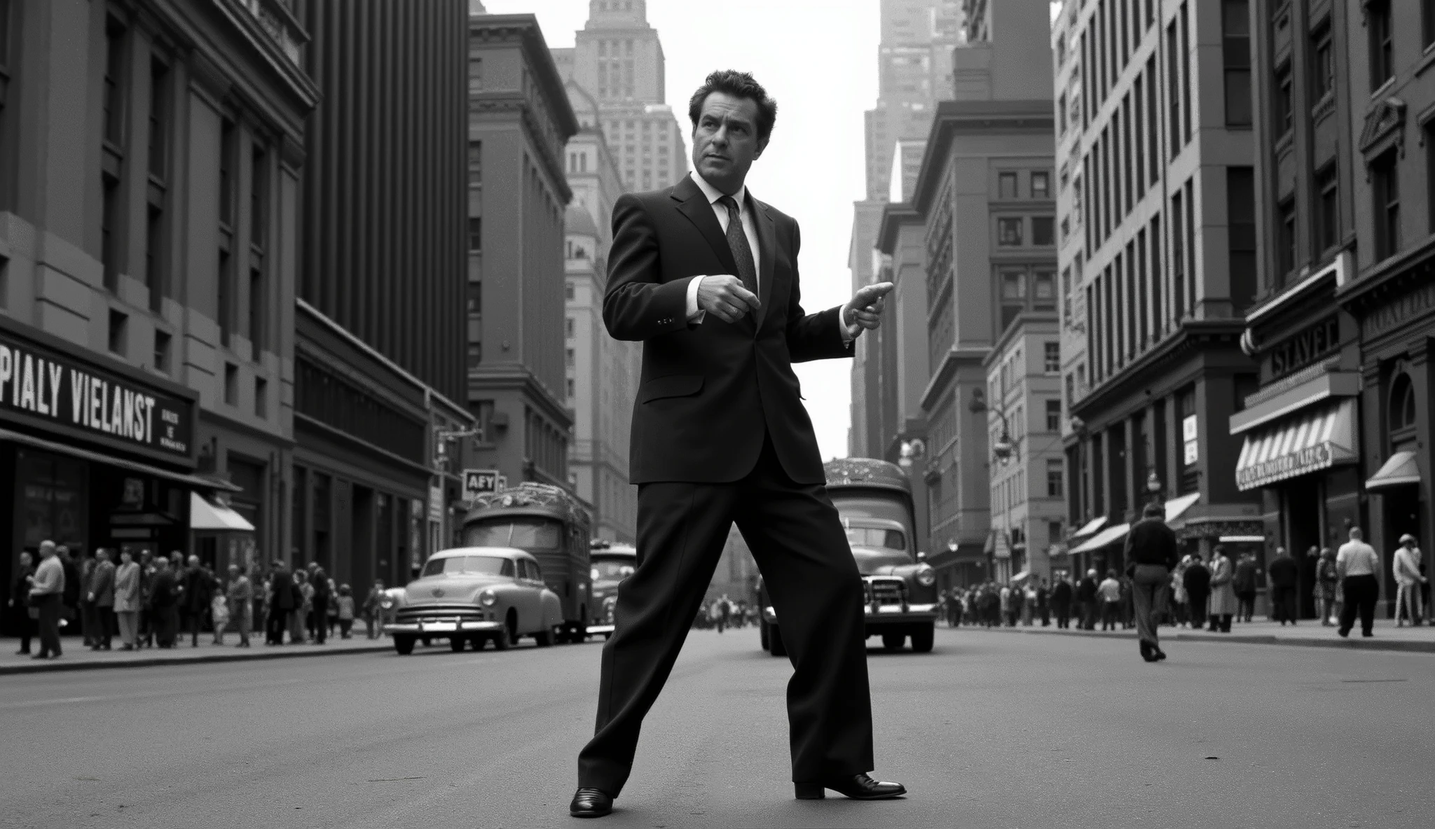 "A BLACK AND WHITE SCENE STYLE MOVIE NOIR 40's, ultra-realistic in the first person of an urban street DURING THE DAY, anos 40, estilo noir, A slightly overweight MAN IN A SUIT IS DANCING in the middle of the street, in the background buildings cars and people are seen