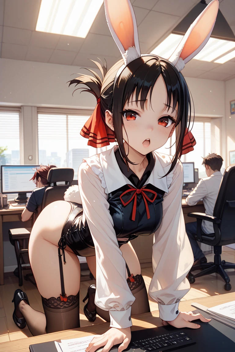 (detailded), (((bat girl))), (((murcielago))), big ass, grey skinned, black wavy hair, ((mini-skirt)), (((Pussy dripping))), (((Freckles on the face))), (((office worker suit)))
