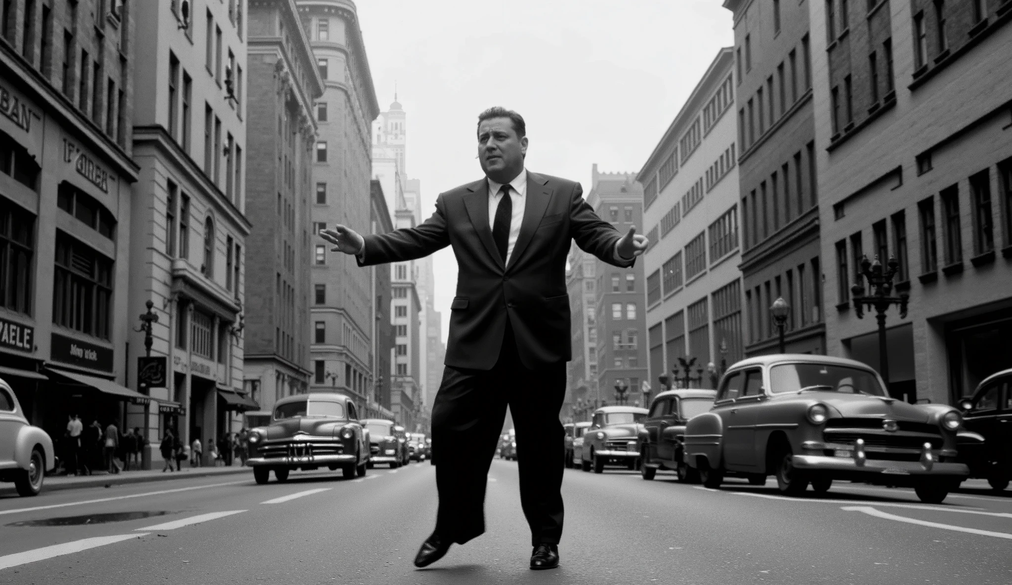 "A BLACK AND WHITE SCENE STYLE MOVIE NOIR 40's, ultra-realistic in the first person of an urban street DURING THE DAY, anos 40, estilo noir, A slightly overweight MAN IN A SUIT IS DANCING in the middle of the street, in the background buildings cars and people are seen