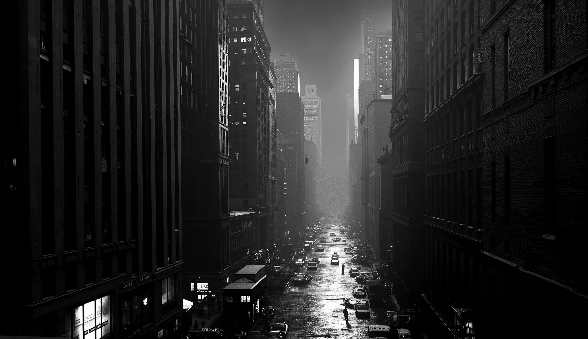 "A BLACK AND WHITE SCENE STYLE MOVIE NOIR 40's, Ultra-realistic WIDE-ANGLE LENS from a panoramic view of some 1940s CITY buildings, estilo noir