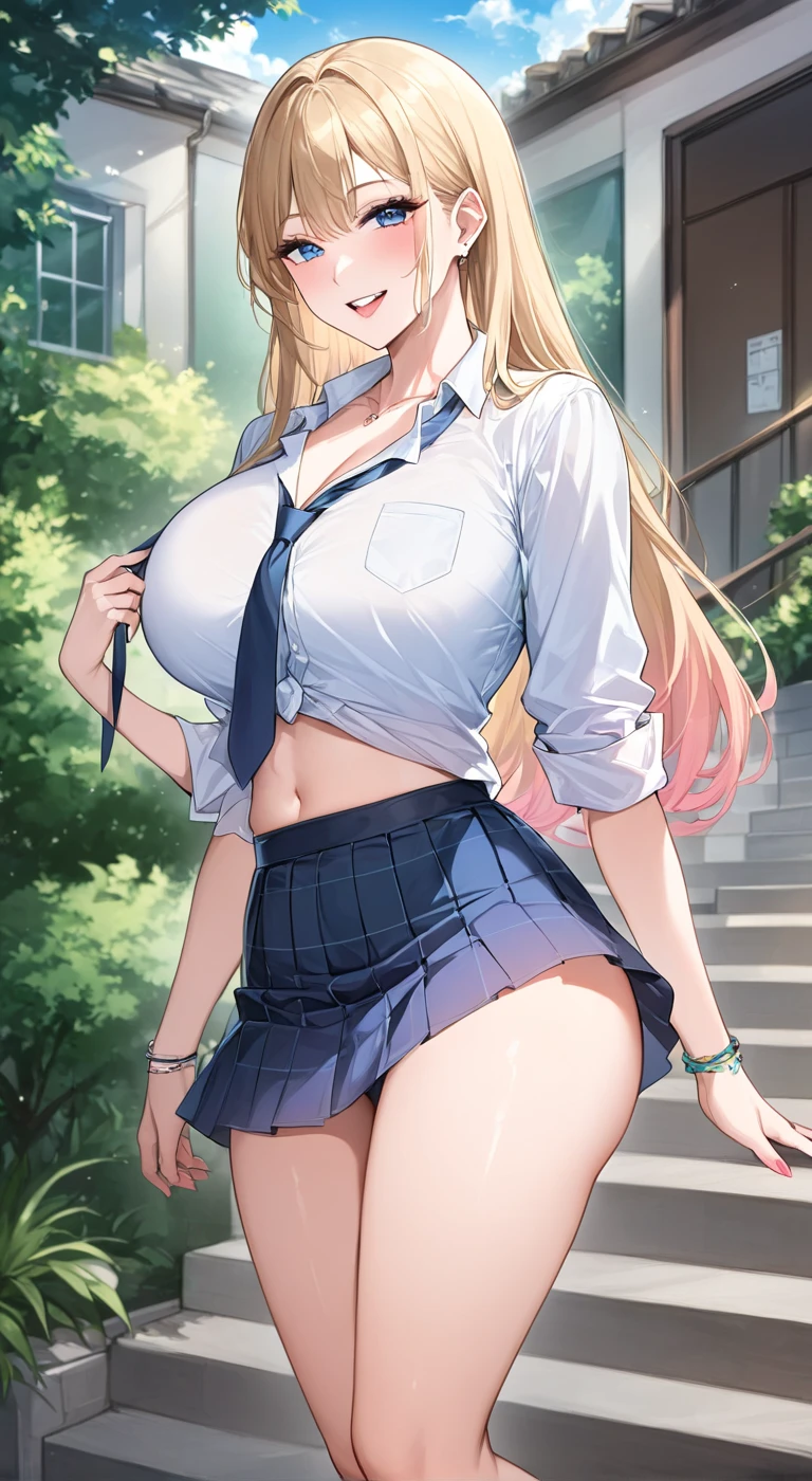 (best quality:1.5, highres, UHD, 4K, detailed lighting, shaders), blonde ponytail, sexy, erotic, lewd, smiling, large breasts, thighs, crotch, long sleeve shirt, vest, skirt lift, panties, (from below view, close shot, cum on crotch:1.3, blushing), sweaty:1.1, standing, street background