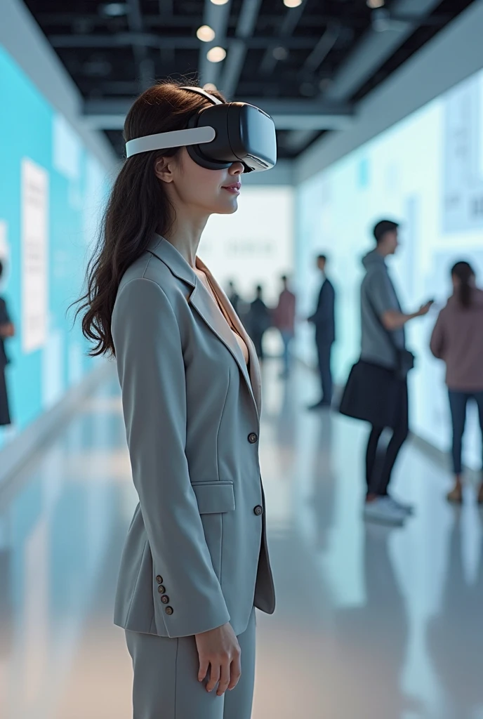 Create an image of a woman with curly hair holding a VR headset close to her face, displaying a futuristic office or cityscape scene through the lenses. The VR headset shows a split view: on one side, a professional-looking woman (resembling the person holding the headset) stands confidently, while on the other side, a man is seen looking out of the window at the skyscrapers. The woman is dressed in modern, stylish business attire, with a necklace and subtle makeup. The background includes holographic elements and digital interfaces, giving the impression of a high-tech environment. The overall atmosphere should convey a sense of professionalism, confidence, and the blending of virtual and real worlds