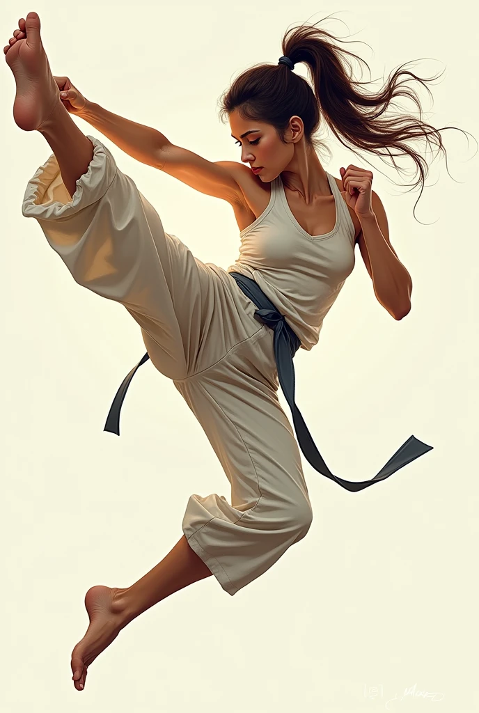 full body,from below,photo of a 18 year old girl,practicing Martial arts,happy,laughing,shirt,pants,ray tracing,detail shadow,shot on Fujifilm X-T4,85mm f1.2,depth of field,bokeh,motion blur,<lora:add_detail:1>,