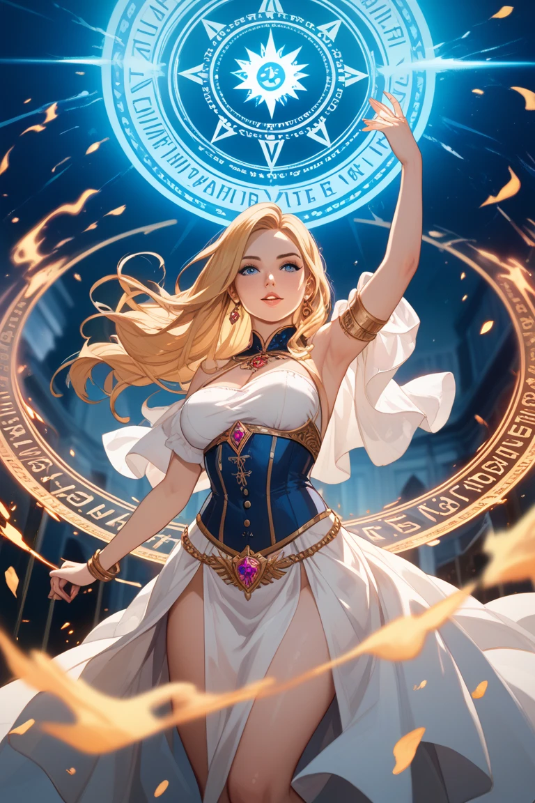 award winning waist up photo of a beautiful woman, 8k, detailed, shiny skin, soft lighting, (bodycon) wizard robe, windy mountain top, stormy ((backlighting)), ((bloom)), [light sparkles], ((chromatic aberration)), sharp focus, fantasy wizard, (perspective:1.1), (from below:1.1), (erotic wizard robe:1.1),  leaves fly around her, glowing magical circle, powerful runes