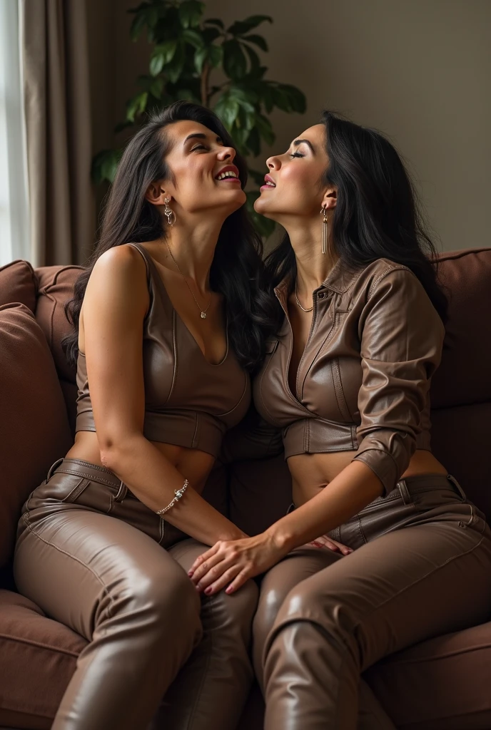 Voluptuous Latin woman, long and detailed hair,pretty clothing, perfectbody, she is sitting on the couch with another latina woman,They are wearing work clothes and are smiling at each other, ultrarrealisitic, extremely detaild, photoshot_\( ultra\), photoshotrealisitic, realisitic, Post-processing, Maximum details, roughness, real-life, ultrarealisitic, photoshotrealism, photoshotgraphy, 8k hd, photoshotgraphy