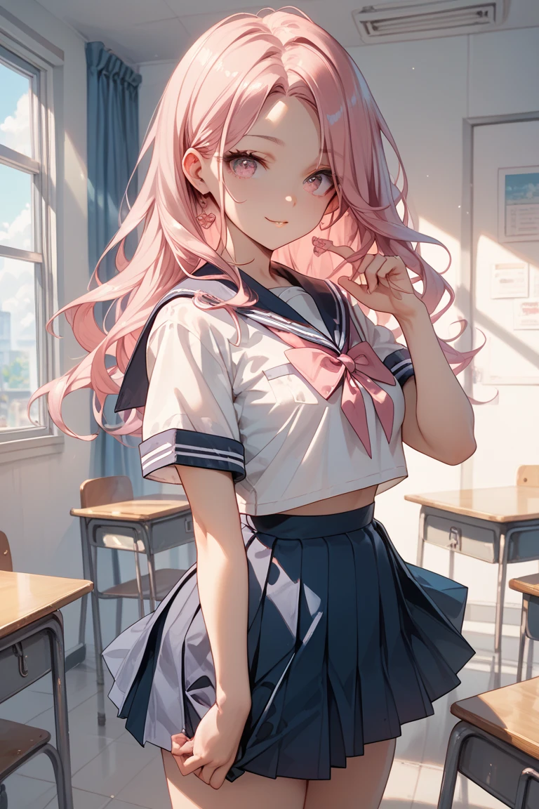 (High resolution, realistic, 4K, super detailed, masterpiece:1.2), pink eyes, pink hair, long ponytail, cowboy shot (no hat:1.3), ((white sailor suit)),pleated skirt,school bag,smile,In the classroom