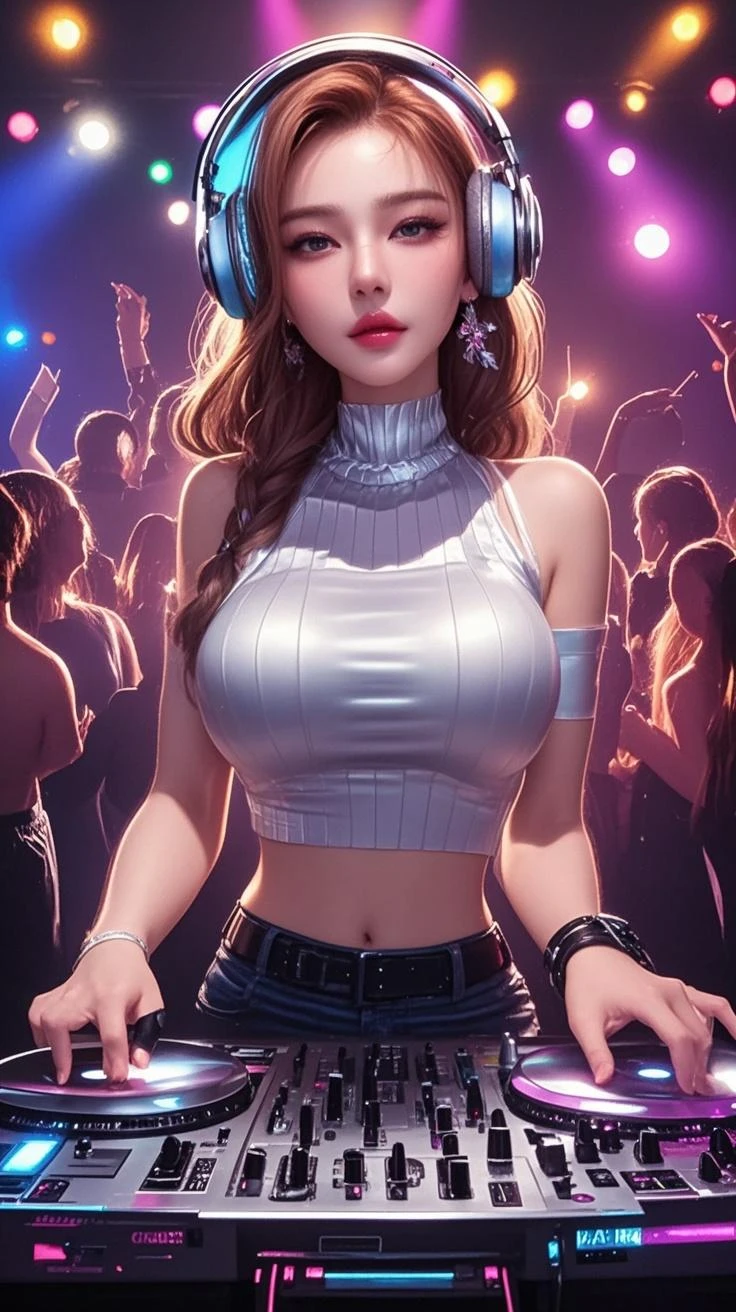 Create a detailed illustration of Momo, member of the K-pop group Twice, in an artistic and vibrant style. Momo should be on a pop music stage, with a dynamic background that reflects the energy and style of K-pop. She is wearing a modern and colorful outfit, with a design that highlights your presence and charisma on stage. The image should capture her energetic pose and joyful expression while dancing.. Make sure the art style is elegant and respectful, without including compromising personal details. Use bright colors and lighting that highlights your dynamics and stage presence.." And with a neckline that shows off her big breasts.