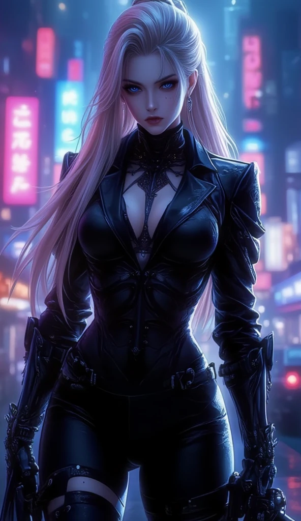 A very beautiful young woman, maquillage subtil cyberpunk, heure d&#39;or, photorealistic, high contrast, 8K HD, detailed, hyper-detailed, texture de peau réaliste, long silver hair, gros seins, best quality, ultra haute résolution, Photo brute, Dramatic lighting, unreal engine, lueur diffuse, costume futuriste complexe, outside, ville cyberpunk, tenant un sabre laser
