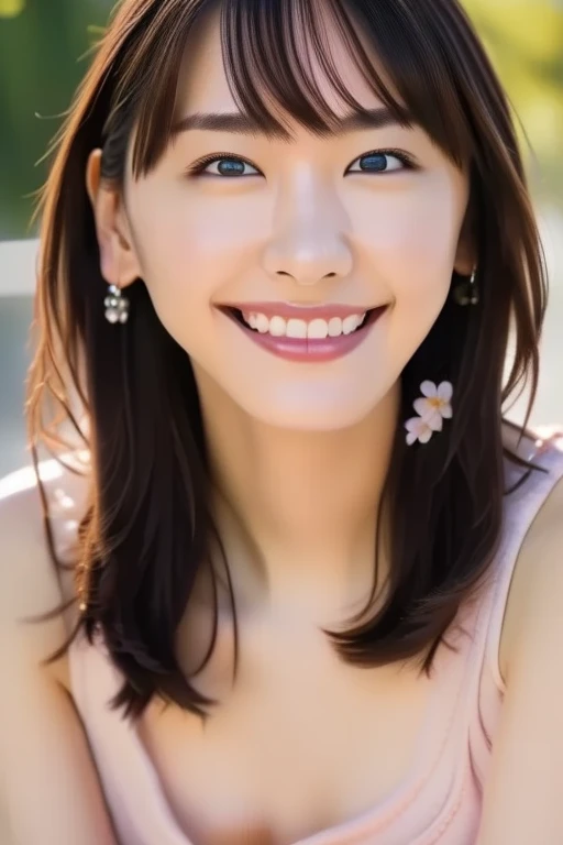 (Highest quality、8K、32k、masterpiece)、(Realistic)、(Realistic:1.2)、(High resolution)、Very detailed、Very beautiful face and eyes、1 Girl、Round and small face、Tight waist、Delicate body、(Highest quality、Attention to detail、Rich skin detail)、(Realistic、Realistic:1.37)、Bright colors、(((Brown Hair)))、(((Upper Body Shot)))、(((Long Hair)))、(((Side Ponytail)))、(((White wall background)))、(((White wall background)))、(((smile)))、(((Teeth are visible)))、(((Wear a dress)))、(((Touch your chin with your right hand)))、(((Pink floral dress)))