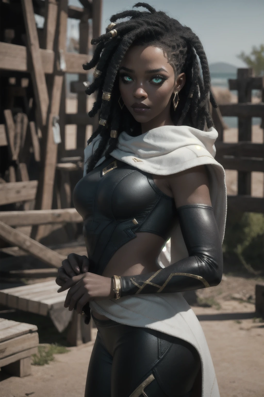 Senna, pele escura linda, de dread com enfeites dourados, olhos verdes, Slim Abdomen, quadril grande e seios grandes, boca bonita sensual, calcinha de renda 1girl, sozinha na montanha corpo inteiro, modelo, linda rosto da rihanna