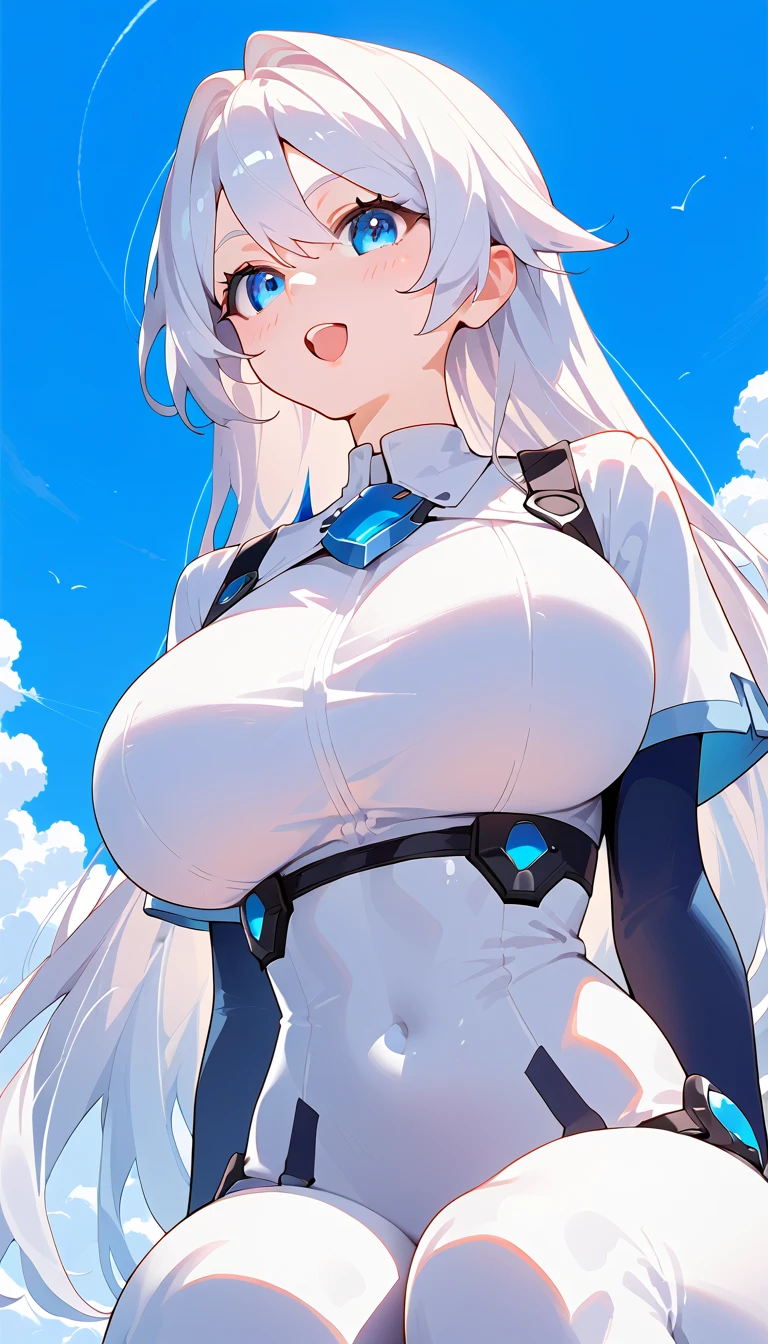 beautiful, masterpiece, Highest quality, anime, One girl, C Cup,Portrait Shot, View your viewers, Covered、Short Hair、nearby、Blue Eyes、art、、White hair,Blue streaked hair、hairpin、Cute smile、Thighs、Cute、blue sky、Beautiful breasts、Full Harness、valley、Sweat、Under Harness、Body Harness、Tightening、Penetration、white_Sci-fi combat uniform、white_Sci-fi underskirt、pierced、See-through_navel、whiteボディストッキング、grass、hands heart、heart hands、black_garter、Kneeling