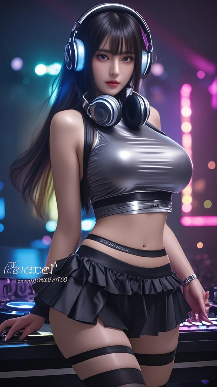 Fishnet Stockings, high quality, A high resolution, high quality face, Ultra detail, Gorgeous girl, big ass, big breasts, beautiful breasts, flowing mini skirt, translucent top, ((white long hair)), front view, emphasis on the chest, breast close-up, cyberpunk, City of the future, holograms, neon lighting,
