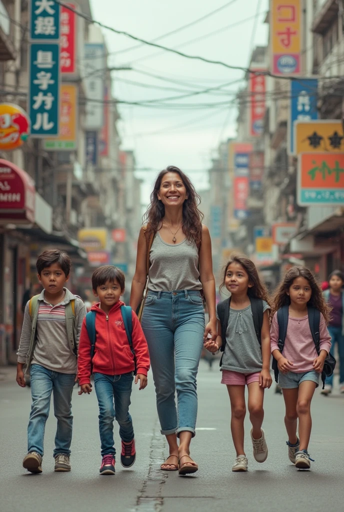A full-body film photo taken on the street in the city center. A 30-year-old mother and her two 1 daughters. The daughter has long dark brown hair with bangs, and the mother has short black hair with bangs. They stand in the middle and raise their right hands to I wave, the urban space is clear in the background,Sony FX9,50mm,f/1.4,cinematic
