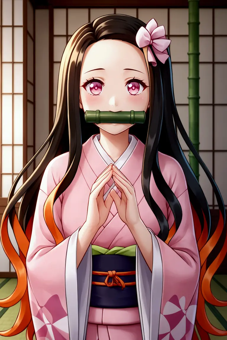 nezukokamado, nezuko kamado, bamboo, (bit gag:1.5), Black Hair, (amount:1.5), gag, gagged, Hair Ribbon, Long Hair, Multicolored Hair, (Pink Eyes:1.5), Orange Hair, elongated pupils, Wavy Hair, Two-tone hair, break asa no ha (pattern), checkered sash, Haori, kimono, kimono, Long sleeve, heart, pink kimono, sash, wariza, Wide sleeves, break looking at viewer, break indoors, break (masterpiece:1.2), Highest quality, High resolution, unity 8k wallpaper, (figure:0.8), (Beautiful attention to detail:1.6), Highly detailed face, Perfect lighting, Highly detailed CG, (Perfect hands, Perfect Anatomy),
